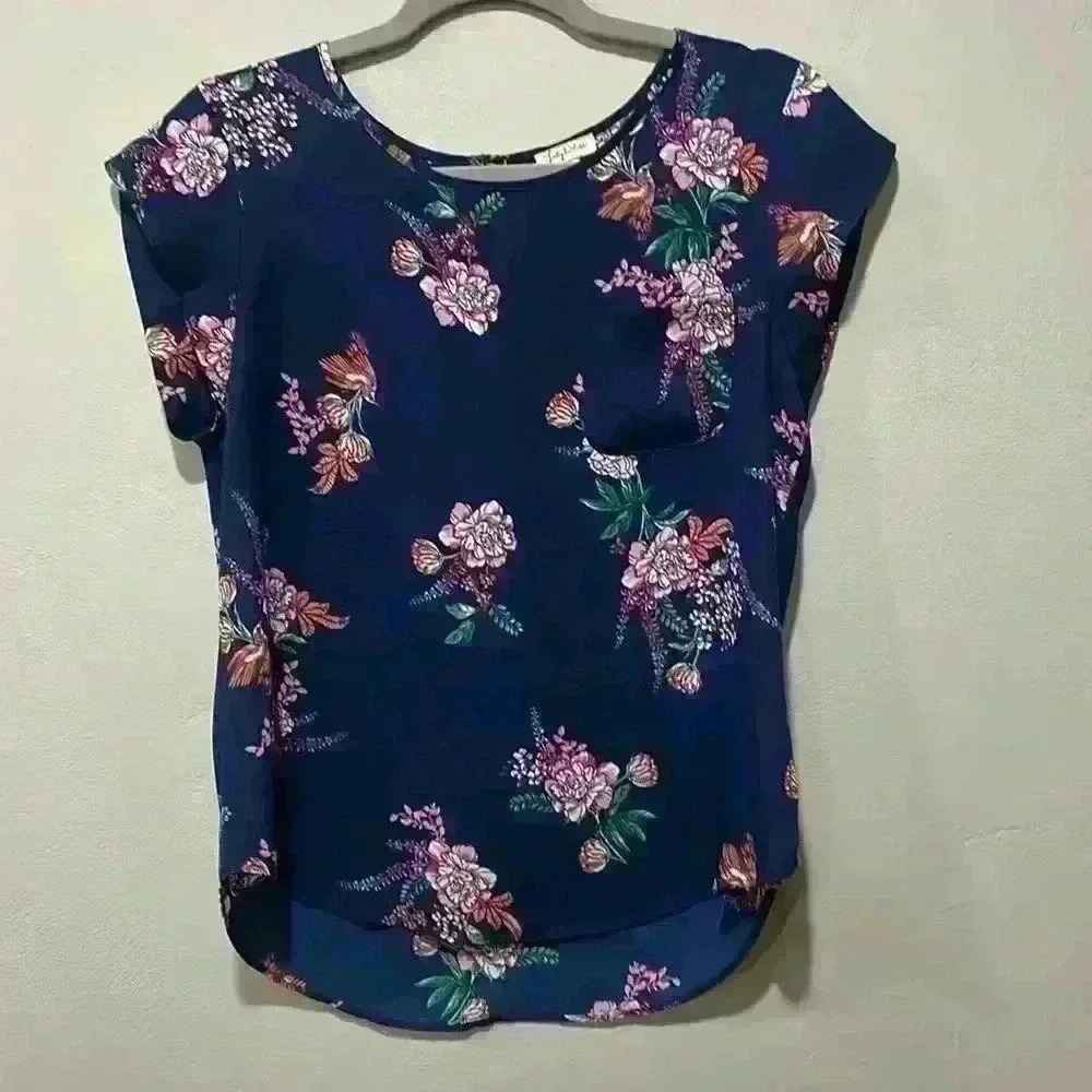 Lily White Floral Black & Navy Blouse tops bundle sleeve size medium - Picture 2 of 12